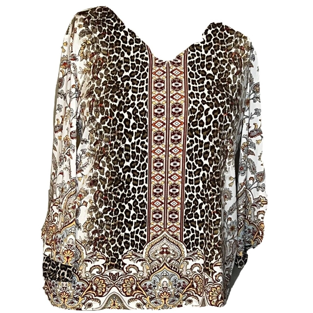 CHICO'S Women’s Animal Print Floral Stretch Size 2 Large  3/4 Sleeve V-Neck Top